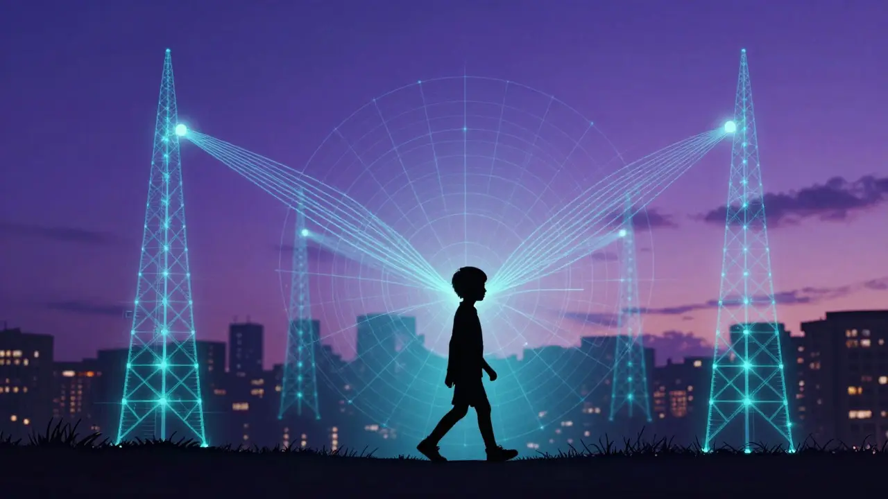 Holographic visualization of cell tower triangulation helping locate a missing child in a city