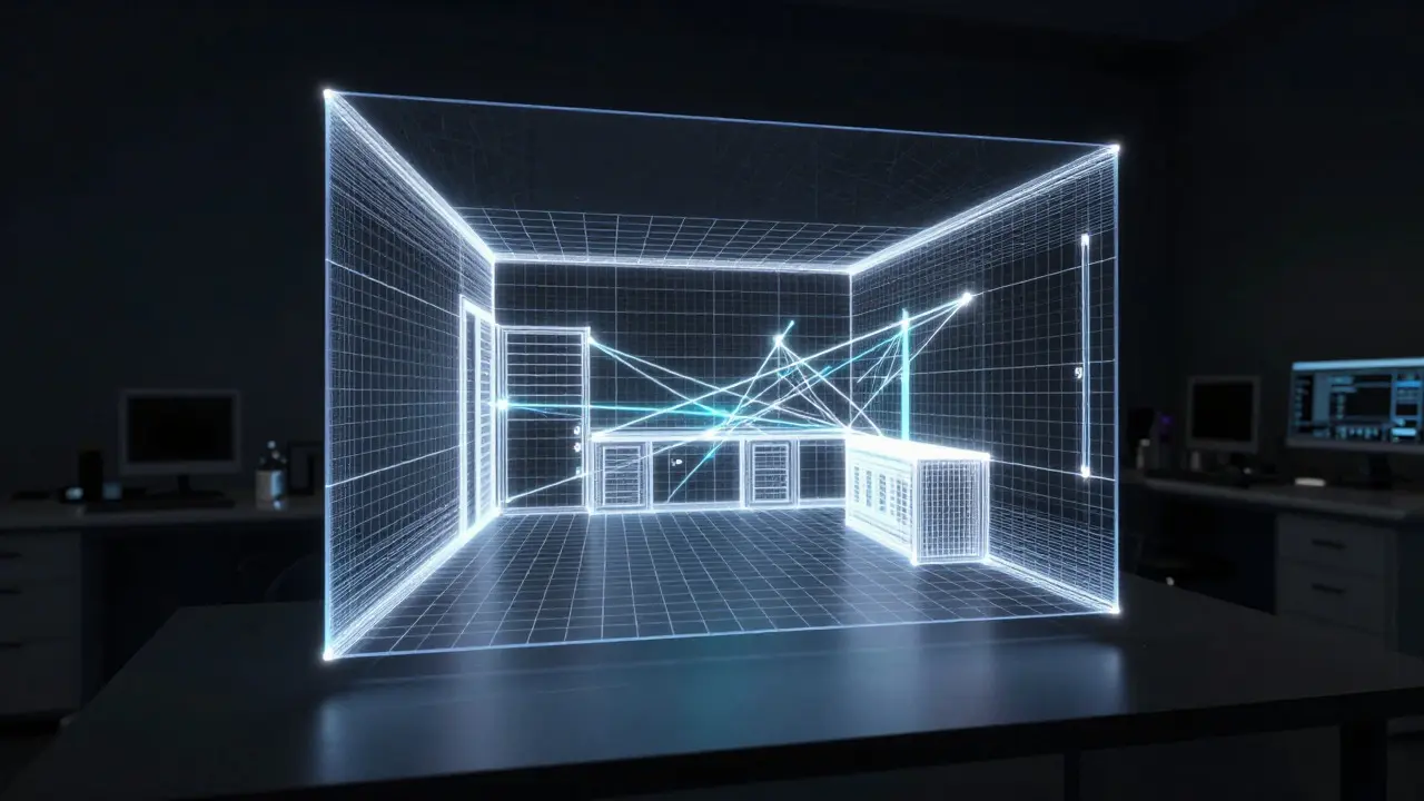 Holographic wireframe visualization of a room being processed into a 3D forensic model