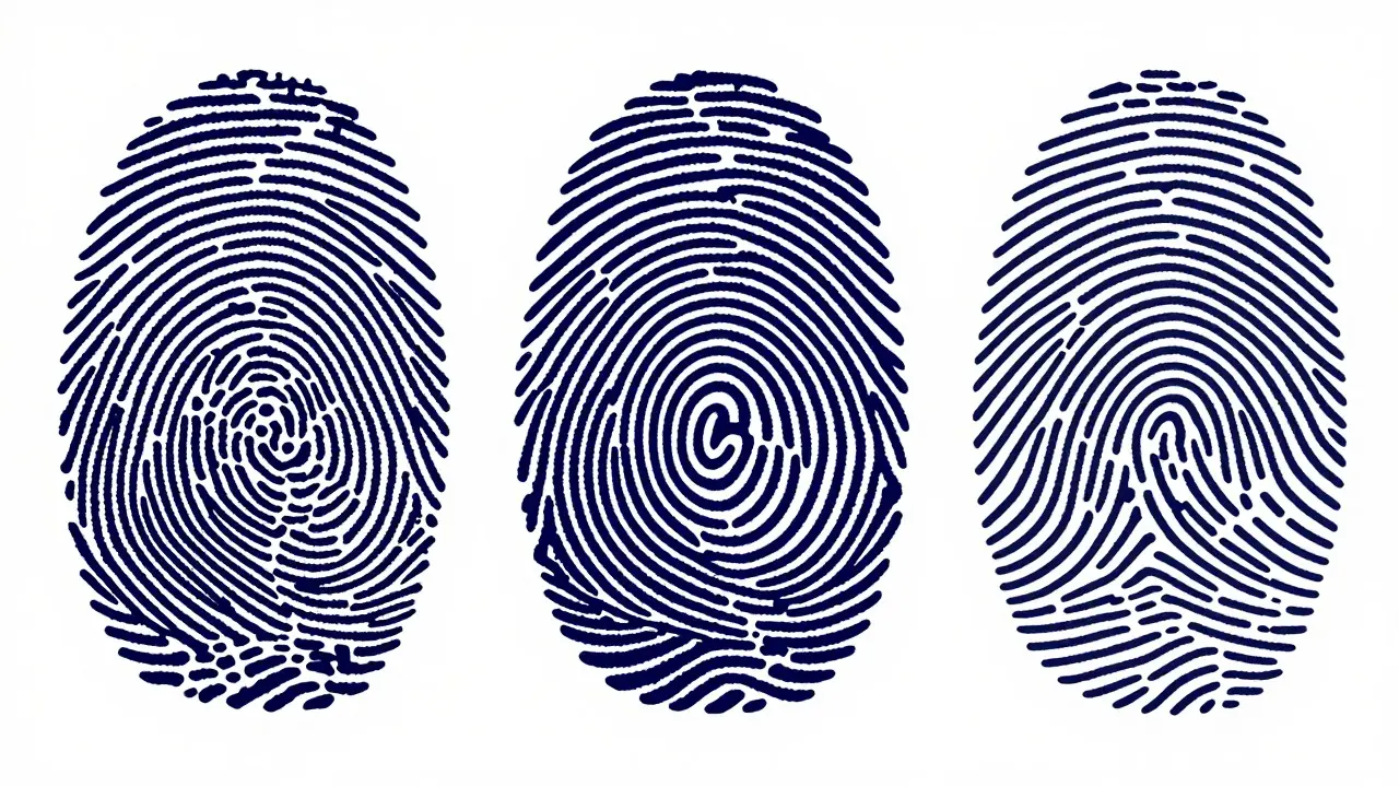 Illustration comparing loop, whorl, and arch fingerprint patterns in black and white
