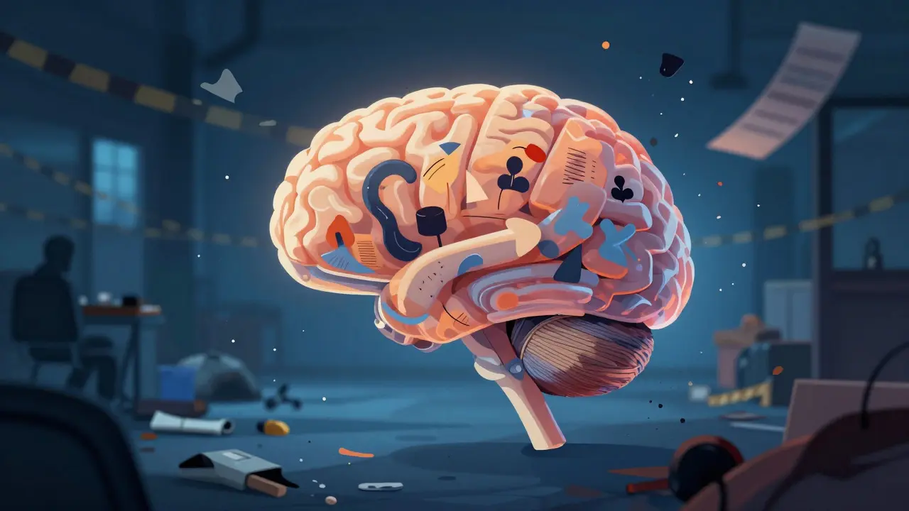 Illustration of a brain interpreting chaotic crime scene evidence as a story