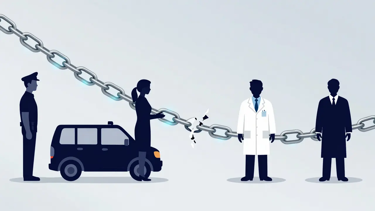 Illustration of a glowing chain linking figures representing evidence handlers