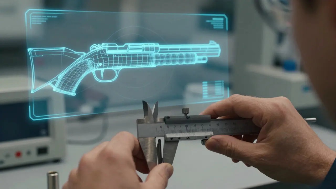 Illustration of a hand measuring a bullet next to a holographic gun barrel model