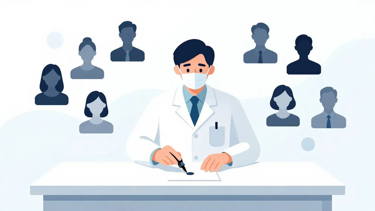 Illustration of a technician collecting inked fingerprints from a witness
