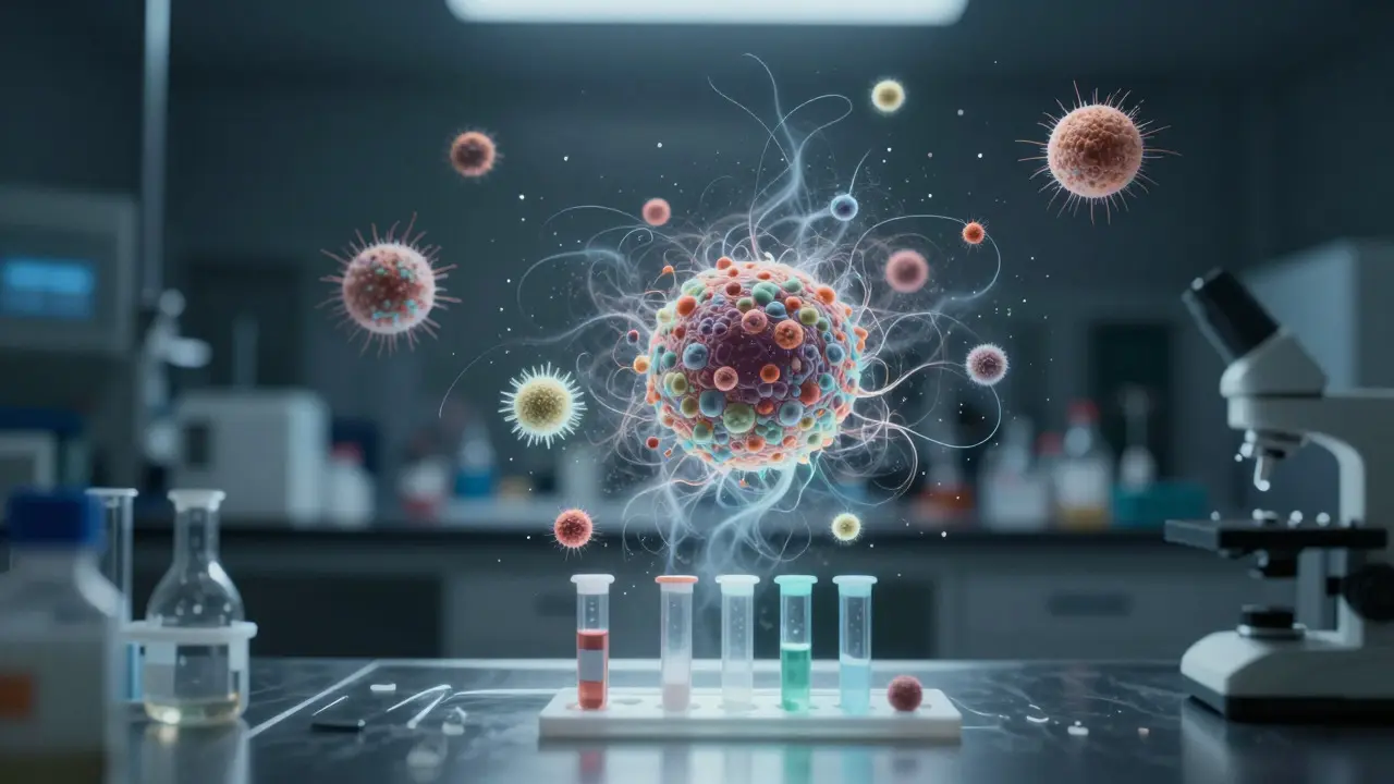 Illustration of airborne skin cells floating over lab samples