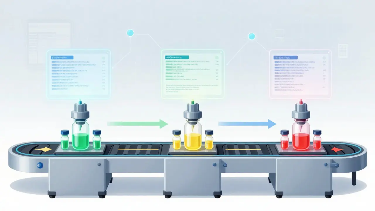 Illustration of continuous flow workflow for DNA sample processing in multiple stages