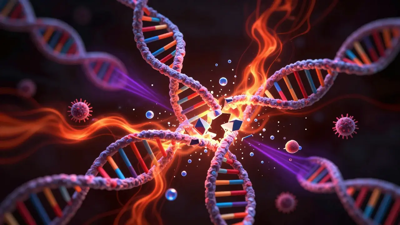 Illustration of DNA strands breaking down due to heat, moisture, and UV light