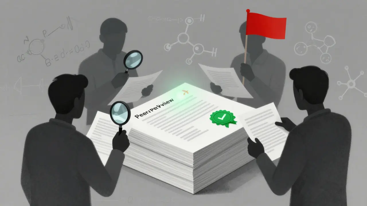 Illustration of experts reviewing scientific journals for peer validation
