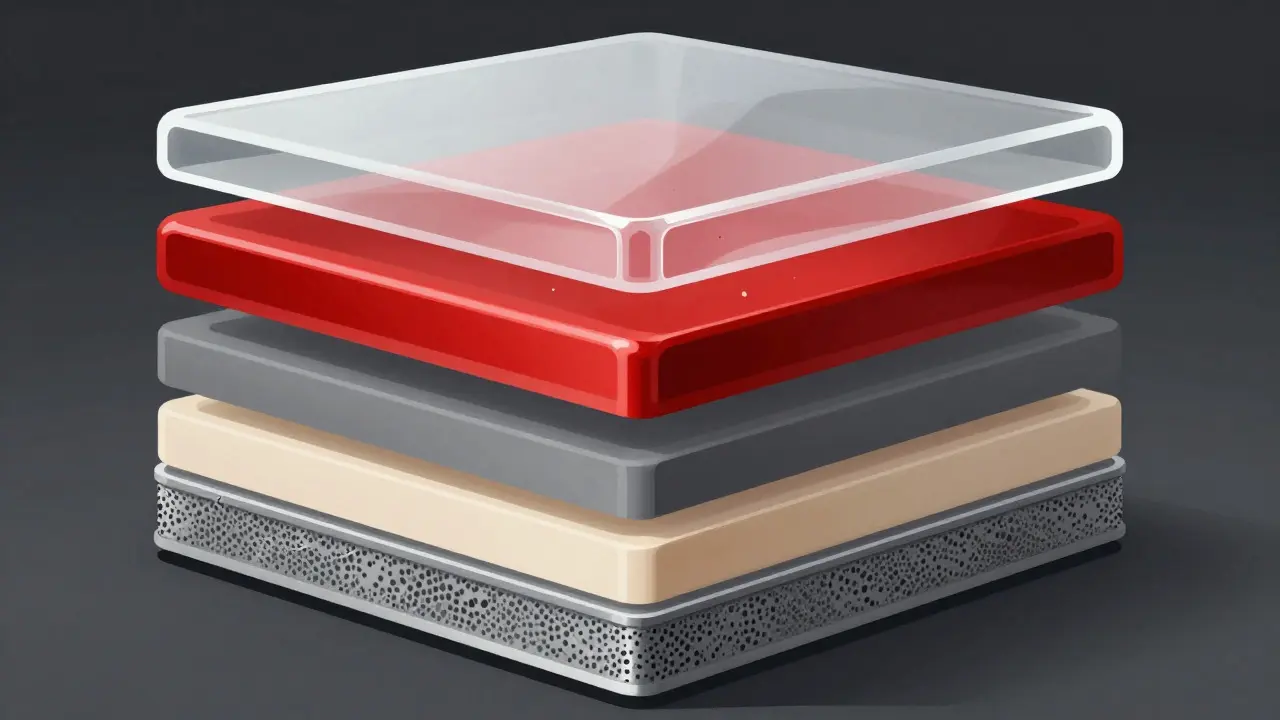 Illustration of layered automotive paint structure showing clear coat, base, and primer