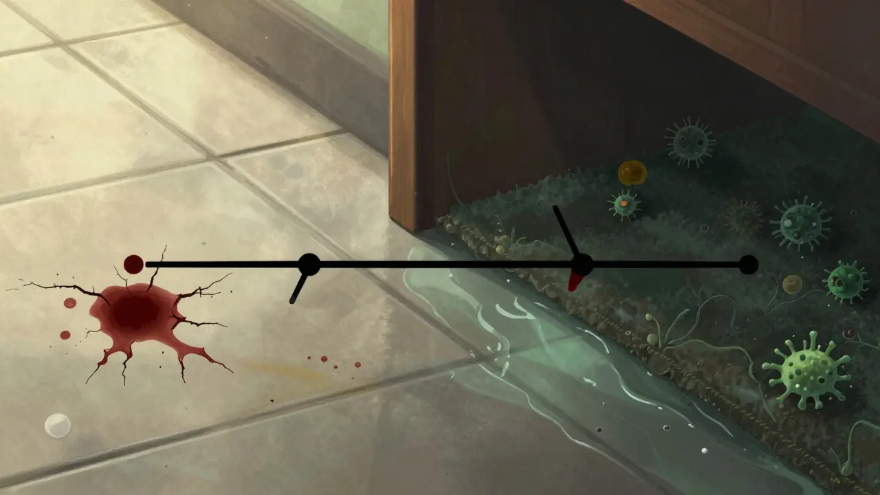 Illustration showing faster pathogen death on dry tiles versus survival in damp, dark areas
