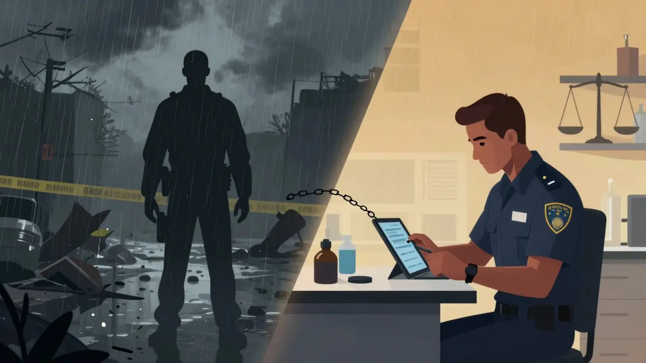 Illustration showing the contrast between field work and lab analysis