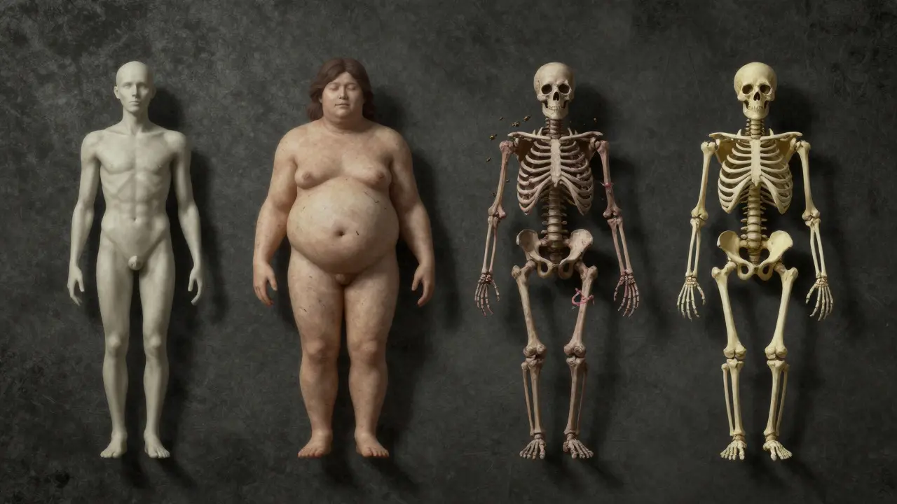 Illustration showing the four progressive stages of human decomposition