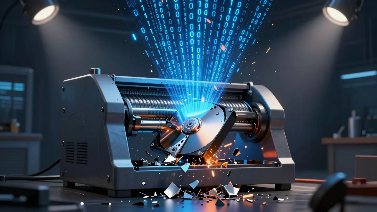 Industrial shredder destroying a hard drive with abstract data effects