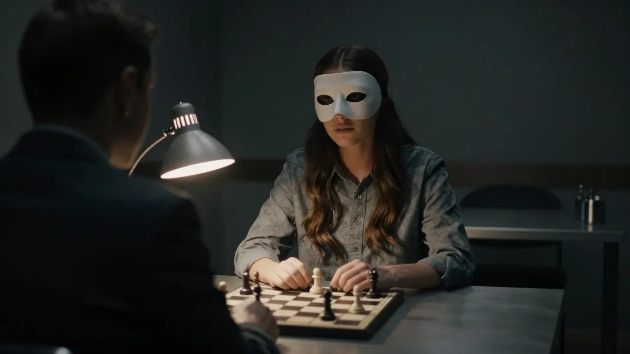 Interrogation scene showing a confident suspect under dramatic lighting