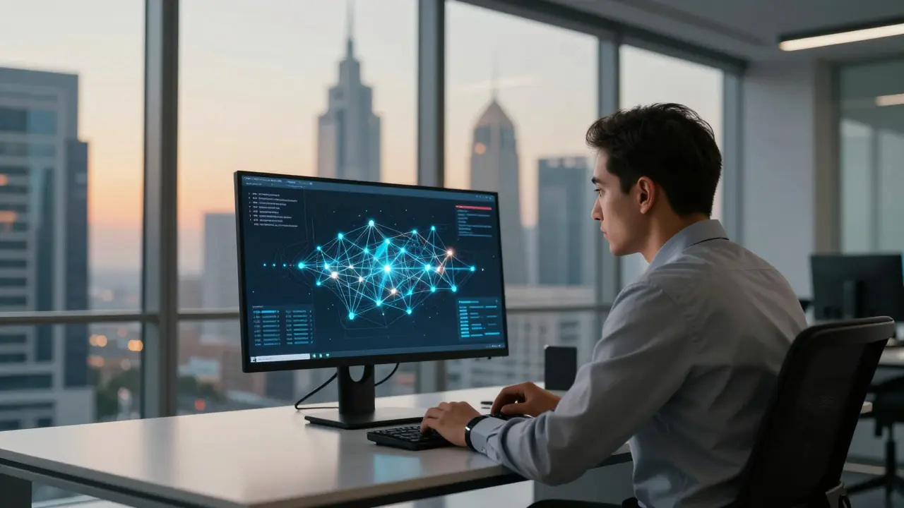 Investigator analyzing a digital network map in a modern office overlooking a city