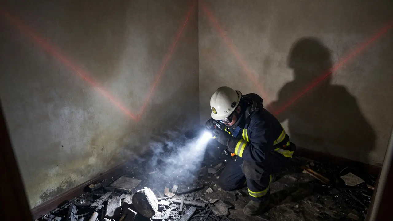 Investigator analyzing char patterns in a burnt room
