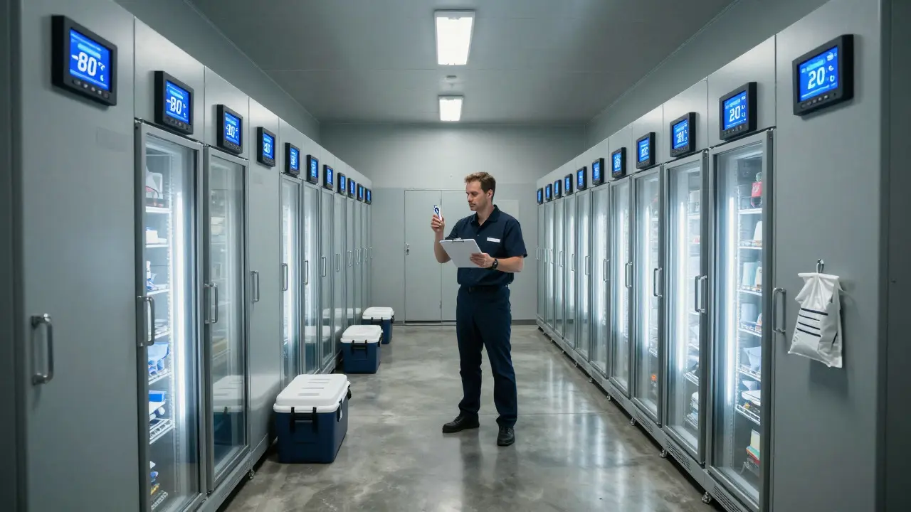 Investigator checking temperature logs in a secure forensic evidence room