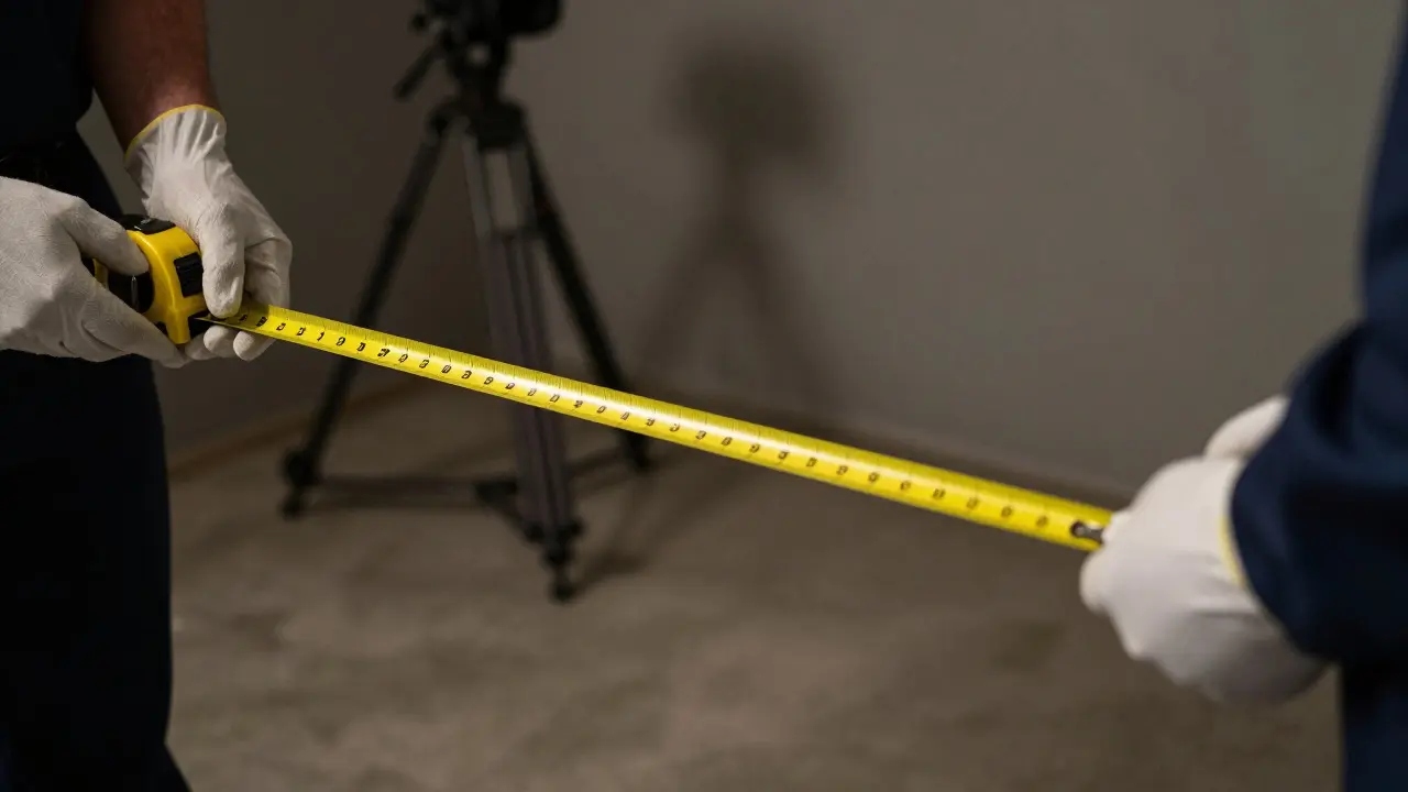 Investigator holding a taut tape measure across a room for measurement