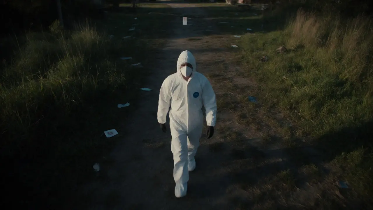 Investigator in Tyvek suit walking upwind at an outdoor crime scene to avoid contamination.