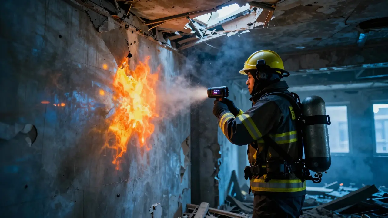 Investigator scanning a damaged wall with a thermal camera inside a burnt building