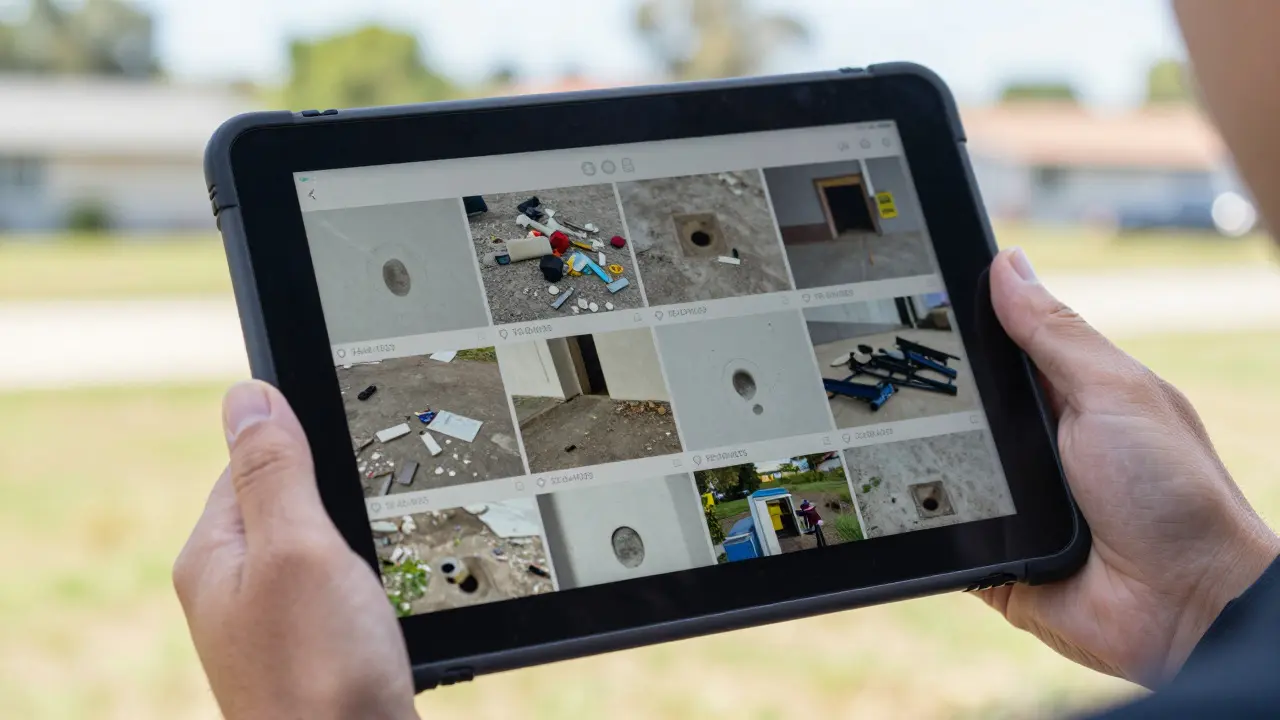 Investigator using a rugged tablet to review tagged crime scene photos in the field