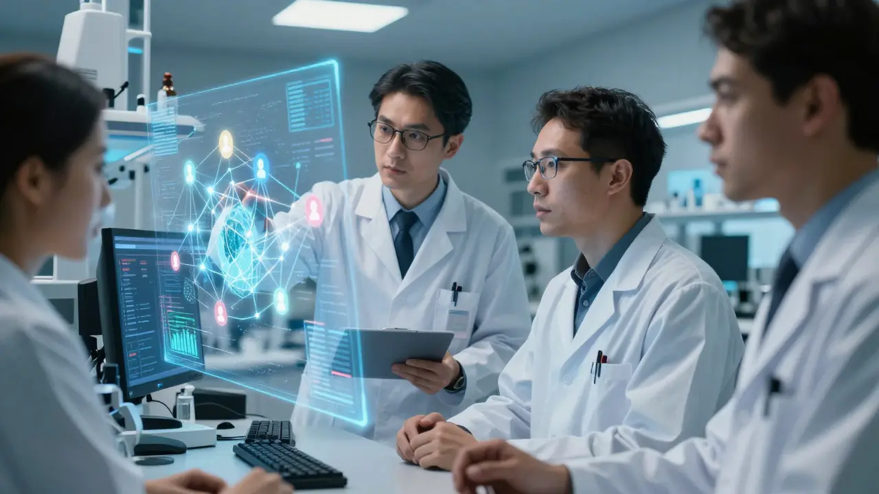 Investigators analyzing data on a holographic display in a lab
