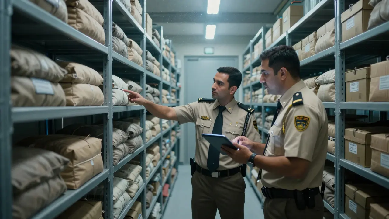 Investigators auditing evidence storage in a secure facility