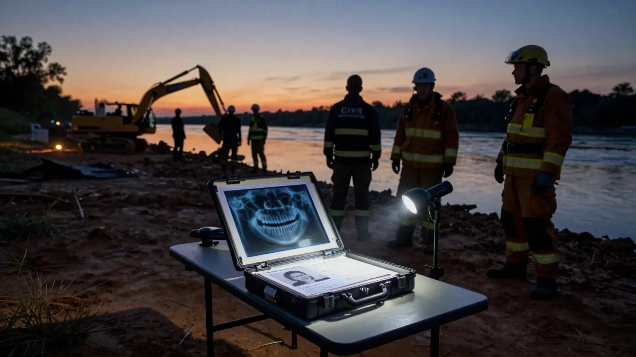 Investigators reviewing dental records at a riverbank disaster site