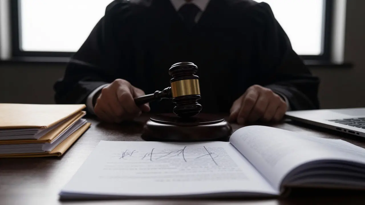 Judge's gavel and legal files on a desk in a dramatic courtroom setting