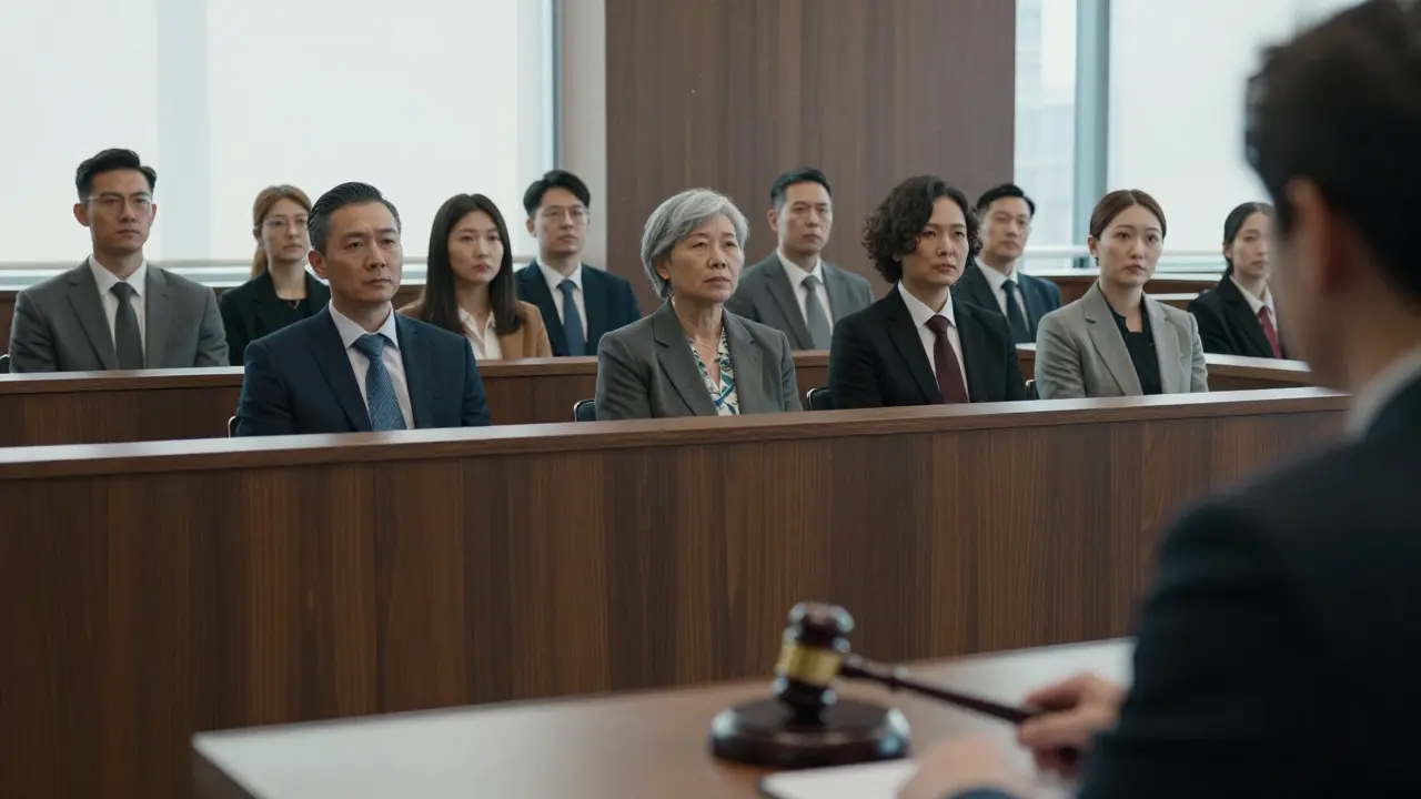 Jurors in a courtroom look intently forward while a judge sits at the bench in the background.