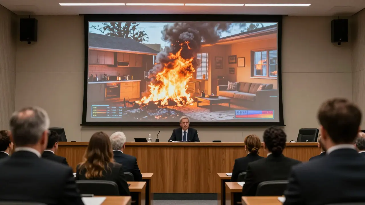 Jurors watching a fire simulation animation projected on a courtroom screen