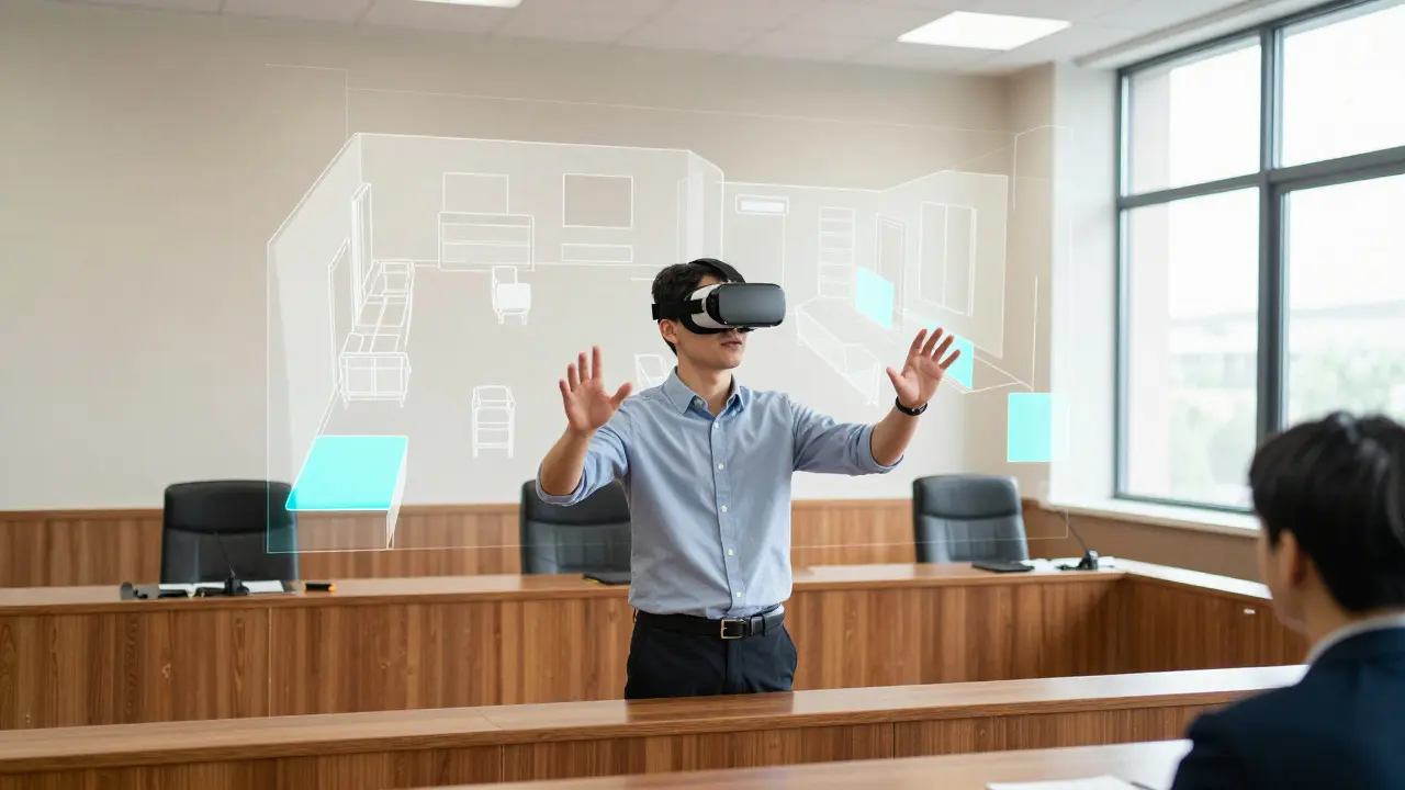 Jury member wearing a VR headset exploring an interactive 3D crime scene reconstruction