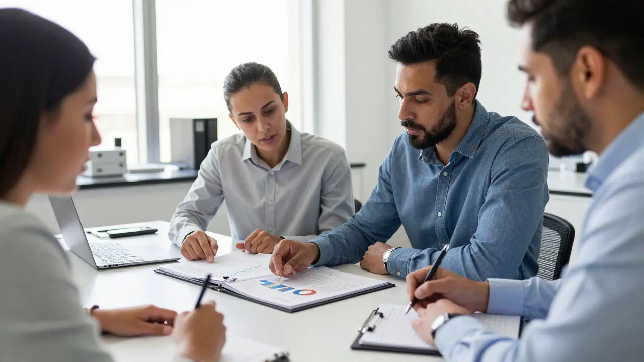 Lab professionals reviewing printed quality control charts during a peer review meeting