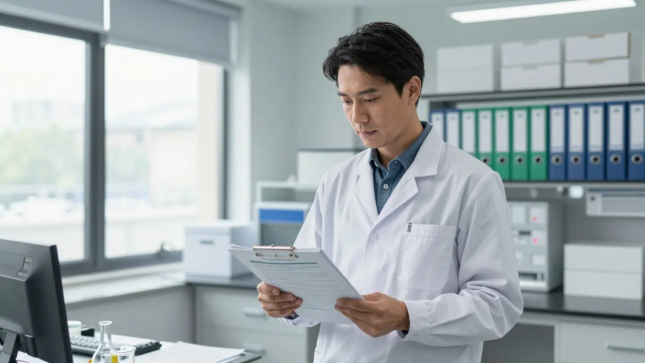 Lab supervisor reviewing checklist and files before an audit
