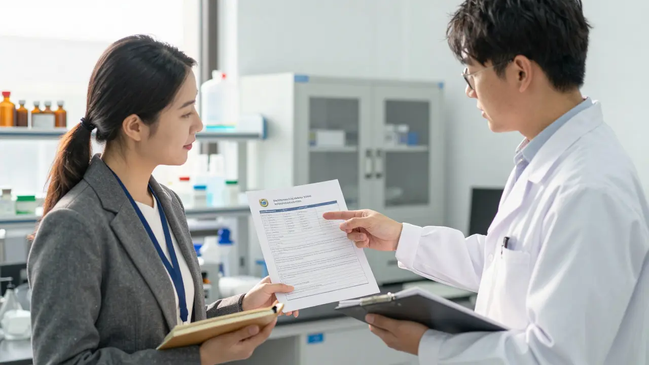 Lab technician explaining a document to an accreditation assessor in a modern office
