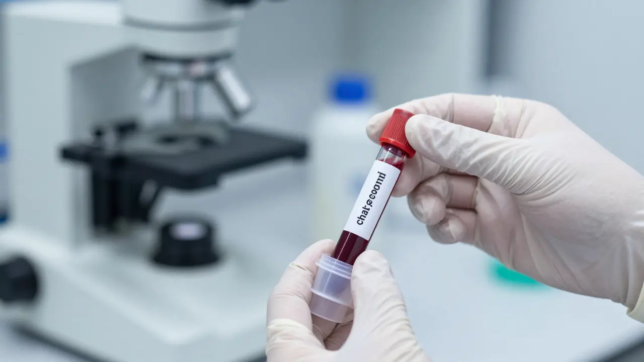 Lab technician sealing a blood sample vial in a forensic laboratory