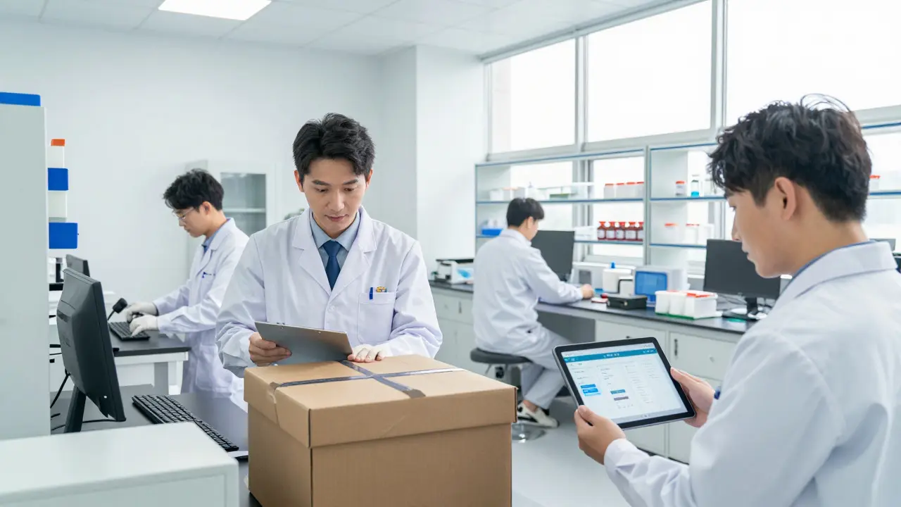 Laboratory staff using scanners and tablets for automated evidence tracking