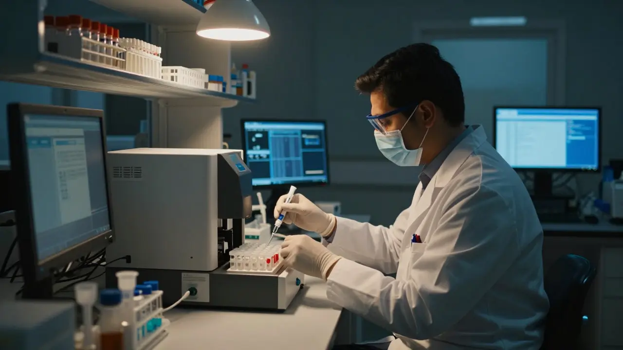 Laboratory technician preparing samples for drug analysis in a forensic lab