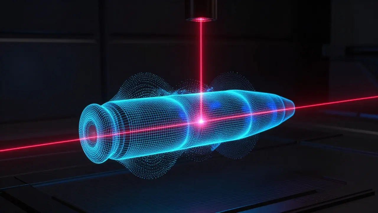 Laser scanner creating a 3D digital mesh over a bullet in a dark chamber