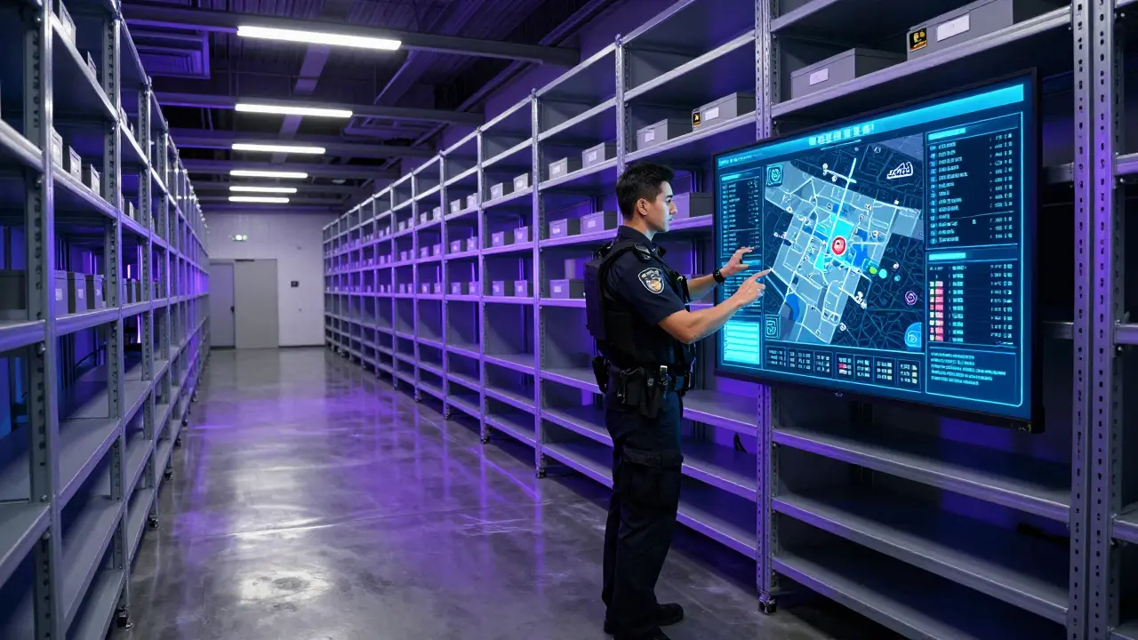 Law enforcement officer monitoring a digital dashboard in a modern evidence storage room