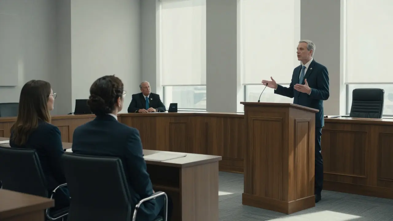 Lawyer presenting arguments in a federal court