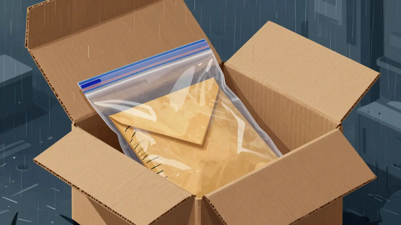 Layered evidence packaging including cardboard, plastic, and paper in a rainy setting