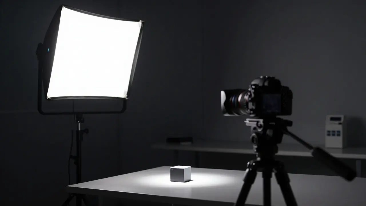 LED panel illuminating a forensic object next to a camera on a monopod in the dark