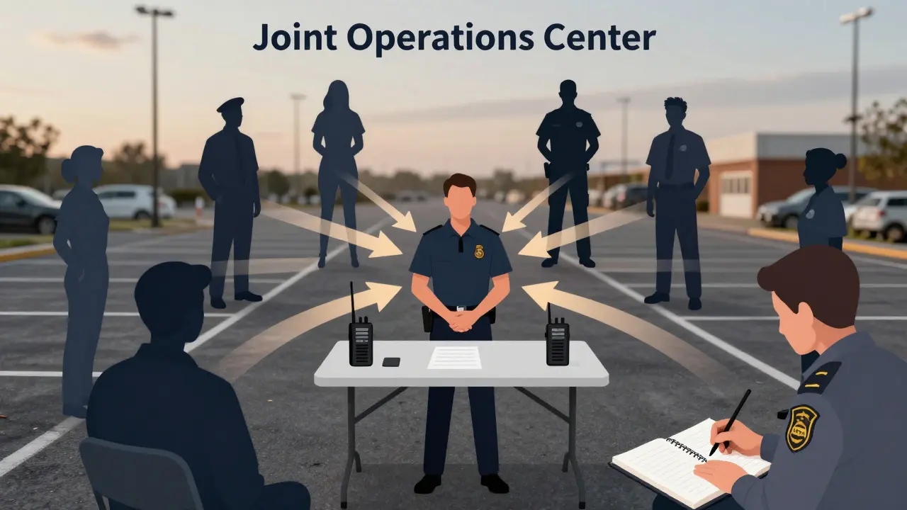 Liaison officer coordinating communication between multiple agencies at a joint operations table