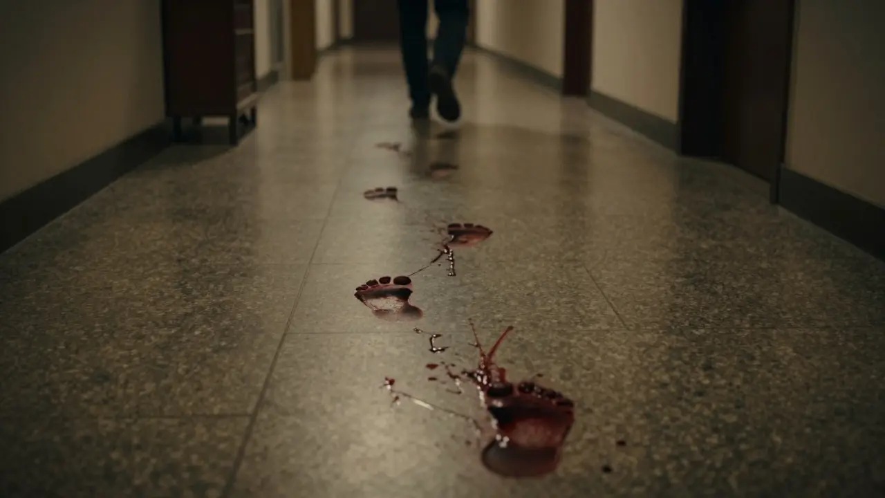 Low-angle view of a trail of bloody footprints leading down a dimly lit hallway.