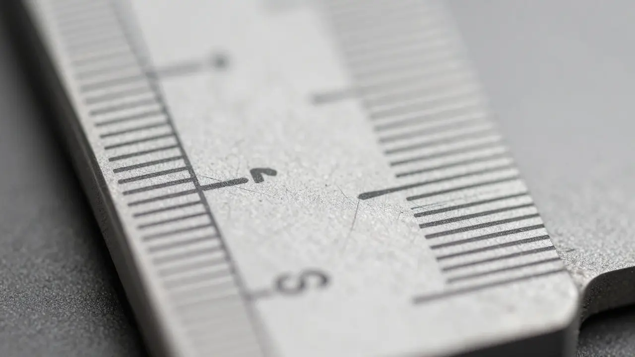 Macro close-up of a metal scratch next to a photographic scale ruler