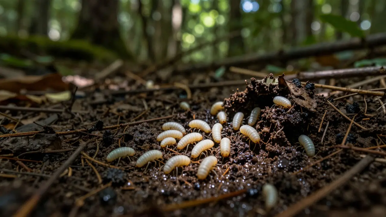 Macro shot of blowfly larvae in forest soil illustrating forensic entomology