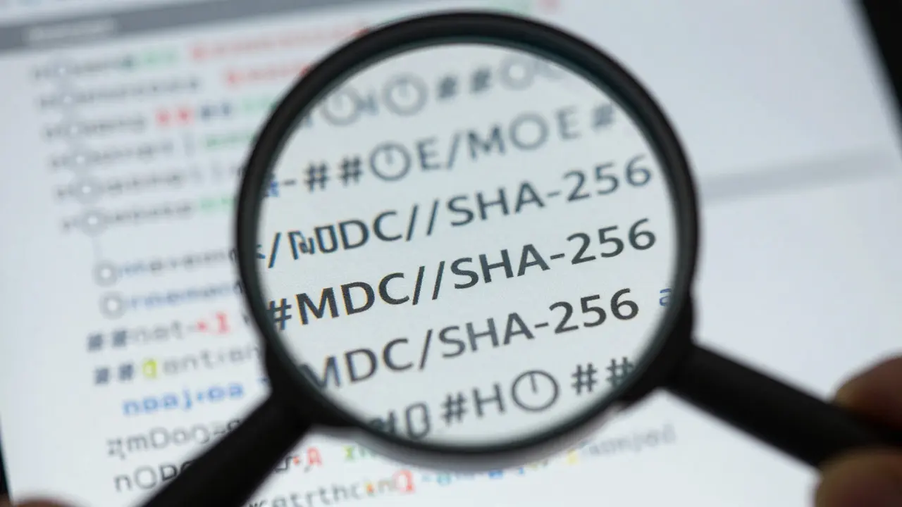 Macro view of a magnifying glass analyzing code for timestamps and hashes