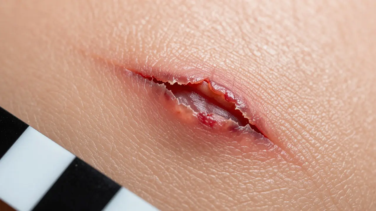Macro view of a wound detail with a measurement scale