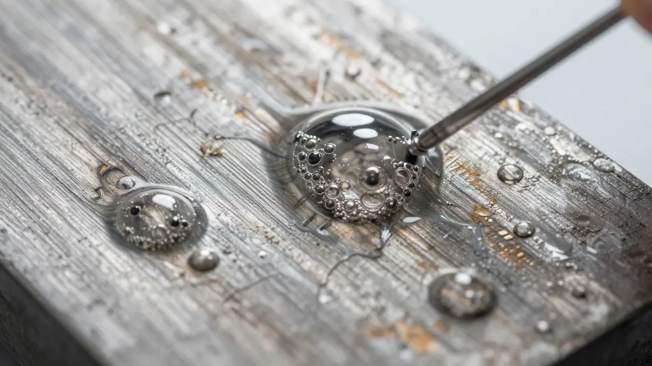 Macro view of electrolytic cleaning revealing metal flow lines on a firearm