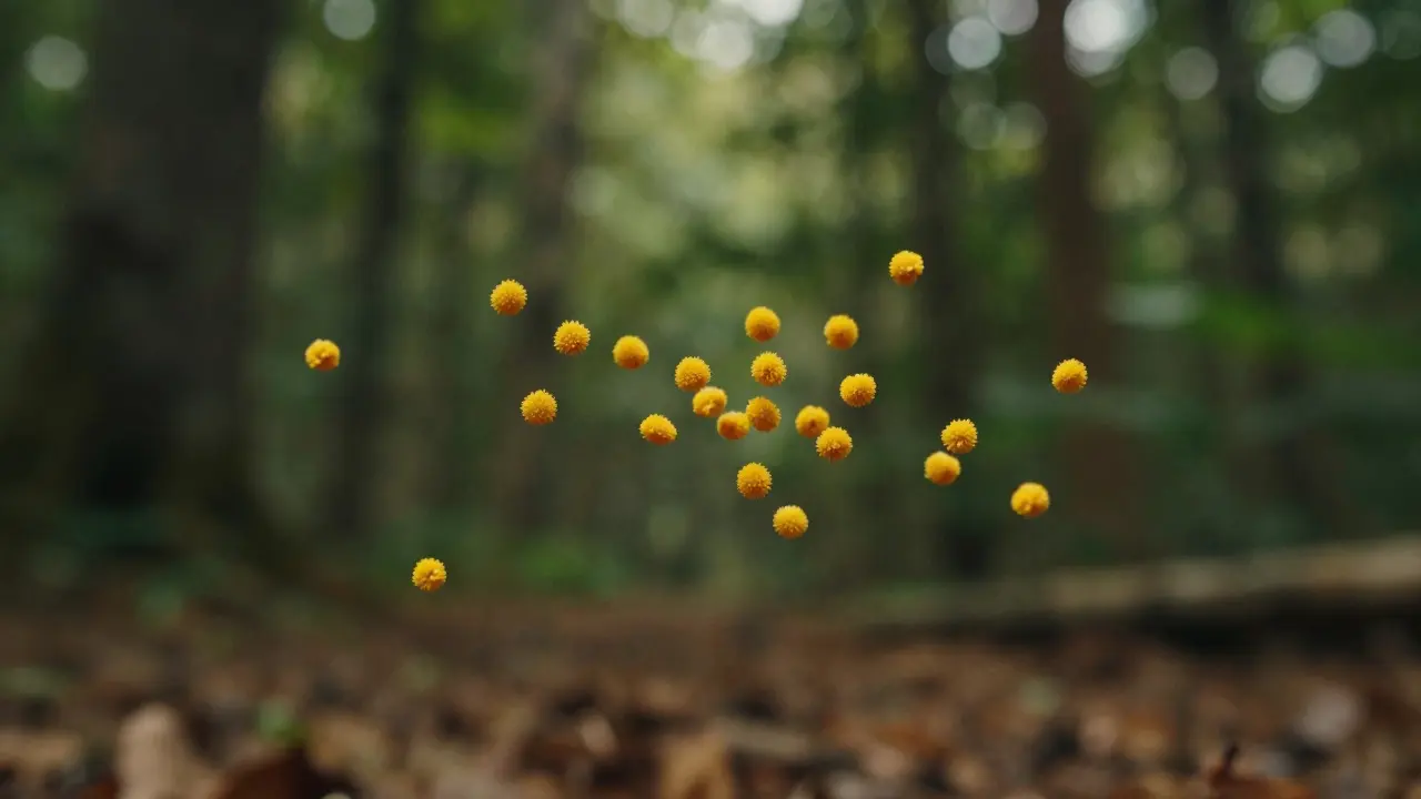 Macro view of pollen grains floating in a sunlit forest environment